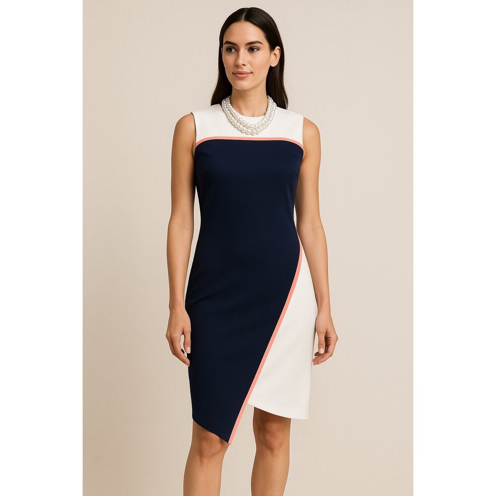 Tommy Hilfiger Navy White Coral Sheath‎ Dress Size 14 Career Colorblock